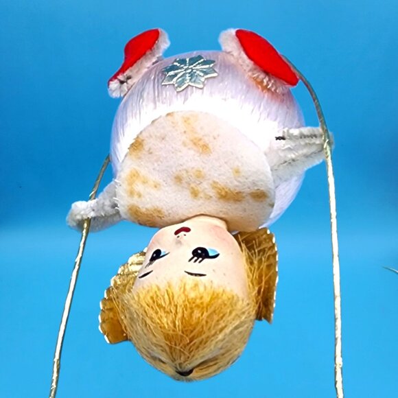 Vintage 1960s Satin Ball Angel Ornament Foil Wings Spun Cotton Composite Face v4 - Picture 7 of 8